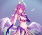  1girl angel_wings blue_background breasts bridal_gauntlets commentary crop_top cross feathered_wings feathers finger_to_mouth gloves gradient_eyes gradient_hair halo jibril_(no_game_no_life) long_hair low_wings magic_circle medium_breasts midriff multicolored multicolored_eyes multicolored_hair navel no_game_no_life orange_eyes parted_lips patrick_hambali pink_hair sideboob solo symbol-shaped_pupils very_long_hair white_wings wing_ears wings yellow_eyes 