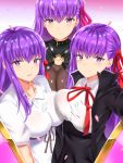 3girls absurdres bb_(fate/extra_ccc) belt_collar black_coat black_skirt blush breasts claws coat collar collarbone dress farys_(afopahqfw) fate/extra fate/extra_ccc fate/stay_night fate_(series) hair_ribbon highres huge_breasts large_breasts long_hair matou_sakura multiple_girls neck_ribbon o-ring o-ring_top open_clothes open_coat open_mouth passion_lip petals pink_ribbon purple_hair red_ribbon ribbon skirt smile very_long_hair violet_eyes white_dress 