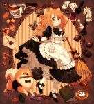  1girl :o ace_of_spades animal animal_ears apron artist_name bishop_(chess) book bow bowtie braid broom brown_hair card chess_piece chocolate cup dav-19 dog dog_ears dog_girl dog_tail dress dress_lift duster frilled_dress frills full_body hair_bow key knight_(chess) letter long_hair maid maid_apron mouth_hold original pastry pawn playing_card pocket_watch pomeranian_(dog) tail tea teacup twin_braids watch wrist_cuffs 