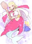  &gt;_&lt; 1girl blonde_hair breasts cape cleavage cleavage_cutout crystal_earrings dragon_quest dragon_quest_xi earrings fish flying_sweatdrops jewelry large_breasts long_hair mermaid midriff minashirazu monster_girl navel paddle selen_(dq11) smile solo tiara violet_eyes 