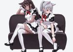  2girls apron artist_name bangs black_footwear brown_hair closed_mouth couch dark_skin fkey frilled_apron frills gloves grey_hair highres legs_crossed long_hair maid mary_janes multiple_girls on_couch original ponytail red_eyes shoes short_sleeves sidelocks signature simple_background sitting thigh-highs white_background white_gloves white_legwear wrist_cuffs 