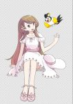  1girl bangs blush breasts brown_eyes brown_hair collarbone commentary_request dress emolga eyebrows_visible_through_hair flower gen_5_pokemon hair_flower hair_ornament hat hat_removed headwear_removed kokudou_juunigou lady_(pokemon) looking_away looking_to_the_side mary_janes no_socks panties pink_flower pokemon pokemon_(creature) pokemon_(game) pokemon_bw puffy_short_sleeves puffy_sleeves shoes short_sleeves sitting small_breasts underwear white_dress white_hat white_panties 
