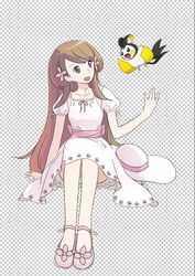  1girl bangs blush breasts brown_eyes brown_hair collarbone commentary_request dress emolga eyebrows_visible_through_hair flower gen_5_pokemon hair_flower hair_ornament hat hat_removed headwear_removed kokudou_juunigou lady_(pokemon) looking_away looking_to_the_side mary_janes no_socks panties pink_flower pokemon pokemon_(creature) pokemon_(game) pokemon_bw puffy_short_sleeves puffy_sleeves shoes short_sleeves sitting small_breasts underwear white_dress white_hat white_panties 