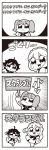  3girls 4koma :&lt; :d arm_behind_back bangs bkub comic emphasis_lines eyebrows_visible_through_hair greyscale highres holding holding_sign hyper_ultra_girlish looking_at_viewer looking_up monochrome multiple_girls open_mouth rectangular_mouth running school_uniform short_hair short_twintails sign simple_background smile sweatdrop translation_request twintails two-tone_background 