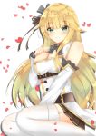  1girl aurora_(f10)_(azur_lane) azur_lane bangs bare_shoulders belt between_legs blonde_hair blush breasts buckle cleavage closed_mouth detached_sleeves eyebrows_visible_through_hair eyes_visible_through_hair garter_straps green_eyes hair_flaps hair_ornament hand_between_legs hand_on_own_chest highres jewelry large_breasts long_hair long_sleeves looking_at_viewer petals simple_background sitting skindentation smile solo t.o.bi thigh-highs thighs very_long_hair white_background white_legwear yokozuwari 