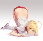  1girl ahoge ass bangs blonde_hair braid buruma butt_crack crown_braid fate/extra fate/grand_order fate_(series) full_body green_eyes gym_shirt gym_uniform highres kneehighs looking_at_viewer mool_yueguang nero_claudius_(fate) nero_claudius_(fate)_(all) open_mouth shirt shoes short_sleeves sidelocks solo t-shirt top-down_bottom-up uwabaki white_legwear white_shirt 