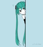  /\/\/\ 1girl 39 :o black_eyes blue_background blue_hair blush eyebrows_visible_through_hair hatsune_miku leaning leaning_forward long_hair looking_at_viewer number open_mouth simple_background solo_focus translated twintails very_long_hair vocaloid wall 