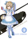  1girl absurdres alice_(wonderland) alice_(wonderland)_(cosplay) apron bangs blue_bow blue_dress blue_footwear blue_ribbon bow brown_eyes brown_hair centurion_(tank) character_name chess_piece cosplay diadem dress eyebrows_visible_through_hair frilled_dress frills full_body girls_und_panzer gloves ground_vehicle hair_between_eyes hair_bow head_tilt highres holding king_(chess) long_hair looking_at_viewer mary_janes military military_vehicle motor_vehicle neck_ribbon ribbon shimada_arisu shoes short_sleeves side_ponytail standing striped striped_legwear tank white_apron white_background white_gloves 
