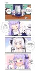  2girls 4koma ;d ? anchor_symbol animal arm_support azur_lane bangs black_bow black_ribbon blue_eyes blue_sky blush bow cake cat chair closed_mouth comic cup curtains day detached_sleeves dress elbow_gloves eyebrows_visible_through_hair flying_sweatdrops food food_on_face foreign_blue fruit gloves hair_bun hair_ornament hair_ribbon halterneck hat highres illustrious_(azur_lane) indoors korean long_hair long_sleeves multiple_girls nose_blush on_chair one_eye_closed one_side_up open_mouth pantyhose plate purple_hair ribbon saucer side_bun silver_hair sitting sky sleeves_past_wrists slice_of_cake smile spoken_question_mark strawberry stuffed_animal stuffed_pegasus stuffed_toy stuffed_unicorn table teacup teapot translation_request unicorn_(azur_lane) very_long_hair violet_eyes wall_lamp white_dress white_gloves white_hat white_legwear window 