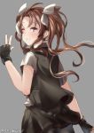  1girl bangs black_gloves black_skirt black_vest blush bow brown_hair eyebrows_visible_through_hair fingerless_gloves floating_hair from_side gloves grey_background hair_between_eyes hair_ribbon hand_up juurouta kagerou_(kantai_collection) kantai_collection long_hair looking_at_viewer looking_back miniskirt one_eye_closed parted_lips remodel_(kantai_collection) ribbon shirt short_sleeves sidelocks simple_background skirt smile solo twintails vest violet_eyes w white_ribbon white_shirt wind wind_lift 