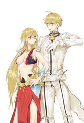  1boy 1girl 88_(einnimnech) absurdres ahoge arabian_clothes belt blonde_hair bodysuit breasts chains cleavage earrings fate/grand_order fate_(series) full-length_zipper genderswap genderswap_(ftm) genderswap_(mtf) gilgamesh gilgamesh_(caster)_(fate) gloves green_eyes hands_on_hips height_difference highres jewelry lock long_hair medium_breasts nero_claudius_(bride)_(fate) nero_claudius_(fate)_(all) padlock red_eyes tattoo white_background white_bodysuit zipper zipper_pull_tab 