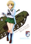  1girl absurdres bangs black_neckwear blonde_hair blue_eyes blue_legwear brown_footwear character_name churchill_(tank) collarbone cup darjeeling eyebrows_visible_through_hair full_body girls_und_panzer ground_vehicle hair_between_eyes highres holding kneehighs loafers military military_vehicle miniskirt motor_vehicle neckerchief ooarai_school_uniform pleated_skirt school_uniform serafuku shirt shoes short_hair skirt smile solo standing swept_bangs tank teacup tied_hair uniform white_background white_shirt 