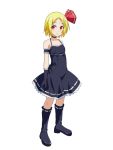  1girl alternate_costume arm_garter bare_shoulders black_choker black_dress black_footwear black_gloves blonde_hair cato_(monocatienus) choker commentary_request dress eyebrows_visible_through_hair full_body gloves hair_ribbon kneehighs looking_at_viewer red_eyes ribbon rumia short_hair simple_background solo touhou white_background 