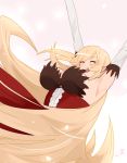  1girl :d armpits arms_up bare_shoulders blonde_hair breasts closed_eyes commentary dress elbow_gloves fangs gloves happy kiss-shot_acerola-orion_heart-under-blade kokomi_(aniesuakkaman) large_breasts long_hair monogatari_(series) open_mouth pointy_ears red_dress smile solo strapless strapless_dress very_long_hair white_gloves 
