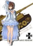  1girl absurdres bangs blue_flower blue_skirt brown_eyes brown_hair character_name choker detached_sleeves eyebrows_visible_through_hair flower full_body girls_und_panzer grey_hairband ground_vehicle hair_between_eyes hair_flower hair_ornament highres layered_skirt military military_vehicle miniskirt motor_vehicle nishizumi_maho pumps short_hair skirt solo strapless tank thigh_strap tiger_i white_background white_footwear 