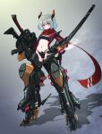  1girl blue_eyes blush commentary fingerless_gloves full_body gloves glowing grey_background gun hair_ornament highres katana looking_at_viewer mecha_musume navel oota_youjo original parted_lips scarf shadow sheath sheathed short_hair solo standing steam stomach sword two_side_up weapon 
