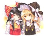  2girls ascot bangs black_hair blonde_hair blush bow braid cheunes collared_shirt commentary forehead-to-forehead frilled_sleeves frills hair_bow hair_tubes hakurei_reimu hat hat_bow hat_ribbon kirisame_marisa large_bow leaning_on_person long_hair multiple_girls open_mouth puffy_short_sleeves puffy_sleeves ribbon shirt short_sleeves side_braid single_braid sleeping sleeping_on_person sleeping_upright touhou turtleneck vest witch_hat yellow_eyes 