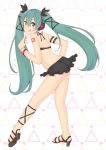  1girl :q bracelet from_side full_body green_eyes green_hair hatsune_miku headphones high_heels highres jewelry long_hair reverie_soda sandals solo tongue tongue_out twintails very_long_hair vocaloid 