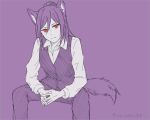  1girl animal_ears bang_dream! between_legs closed_mouth collared_shirt expressionless hand_between_legs limited_palette looking_at_viewer pants ponytail purple_hair red_eyes seta_kaoru shinamonneko shirt solo tail vest wolf_ears wolf_tail 