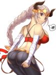  1girl aliza_(granblue_fantasy) ass blush breasts draph granblue_fantasy hand_on_ass headpiece horns koucha_maru large_breasts long_hair looking_back pants pointy_ears ponytail red_eyes silver_hair solo tight tight_pants 