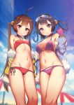  2girls ahoge arms_behind_back azur_lane bangs bikini black_hair blue_jacket blue_sky breasts brown_hair clouds cowboy_shot eyewear_on_head flat_chest from_below fur-trimmed_jacket fur_trim gloves groin hair_rings hairband highres jacket long_hair looking_at_viewer medium_breasts multiple_girls navel ning_hai_(azur_lane) ping_hai_(azur_lane) purple_bikini purple_gloves red_bikini red_eyes shamonabe sky standing sunglasses swimsuit twintails violet_eyes yellow_jacket 