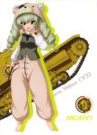  1girl absurdres anchovy animal_costume animal_hood bangs barefoot black_neckwear carro_veloce_cv-33 drill_hair eyebrows_visible_through_hair full_body girls_und_panzer green_hair ground_vehicle hair_between_eyes highres holding hood jacket long_hair looking_at_viewer military military_vehicle mole mole_under_eye motor_vehicle necktie open_mouth red_eyes simple_background solo standing tank twin_drills twintails white_background 
