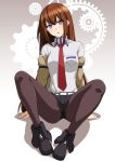  1girl ass belt black_legwear blush boots breasts brown_hair haruhisky highres jacket long_hair looking_at_viewer makise_kurisu medium_breasts necktie off_shoulder open_mouth pantyhose shorts sitting solo spread_legs steins;gate violet_eyes 