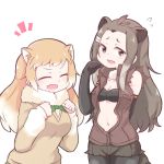  2girls alternate_hairstyle american_beaver_(kemono_friends) animal_ears bare_shoulders beaver_ears beaver_tail black-tailed_prairie_dog_(kemono_friends) blush bow bowtie bra brown_hair clenched_hands closed_eyes commentary_request elbow_gloves fang flying_sweatdrops forehead fur_collar gloves hair_ornament hairclip hands_on_own_chest kemono_friends light_brown_hair long_hair long_sleeves mahe_(hammerdskd) multicolored_hair multiple_girls navel open_mouth pantyhose prairie_dog_ears shorts sweater tail underwear vest white_hair 