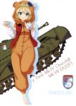  1girl absurdres animal_costume animal_hood barefoot blonde_hair blue_eyes character_name churchill_(tank) cup darjeeling girls_und_panzer ground_vehicle highres holding hood looking_at_viewer military military_vehicle motor_vehicle one_leg_raised short_hair solo standing standing_on_one_leg tank teacup tied_hair white_background 