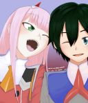  1boy 1girl 775azami black_hair commentary_request couple darling_in_the_franxx fangs hair_ornament hairband highres hiro_(darling_in_the_franxx) horns long_hair military military_uniform necktie one_eye_closed oni_horns orange_neckwear pink_hair red_horns red_neckwear short_hair uniform white_hairband zero_two_(darling_in_the_franxx) 