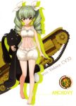  1girl absurdres anchovy bangs barefoot blunt_bangs carro_veloce_cv-33 character_name drill_hair eyebrows_visible_through_hair full_body girls_und_panzer green_hair ground_vehicle hair_between_eyes hair_ribbon highres holding long_hair looking_at_viewer military military_vehicle mole mole_under_eye motor_vehicle puffy_shorts red_eyes ribbon see-through shorts sleeveless smile solo standing tank twin_drills twintails white_background white_ribbon white_shorts 