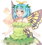  1girl :d alternate_costume antennae bangs bare_shoulders blue_hair blush bow breasts brown_eyes butterfly_wings caramell0501 collarbone commentary_request cowboy_shot dress eternity_larva eyebrows_visible_through_hair green_dress hair_between_eyes hair_ornament layered_dress leaf leaf_hair_ornament leaf_on_head long_hair looking_at_viewer off-shoulder_dress off_shoulder open_mouth orange_bow short_hair simple_background sleeveless sleeveless_dress small_breasts smile solo standing touhou white_background wings 