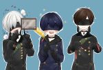  3boys an2057427 bell bell_collar black_blindfold black_choker black_gloves black_jacket blindfold blue_background blue_jacket brown_hair character_request choker collar commentary_request covering_mouth fur_collar gloves highres holding jacket multiple_boys nier_(series) nier_automata open_mouth short_hair silver_hair simple_background smile yorha_no._4_type_s yorha_no._9_type_s 