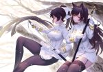  2girls animal_ears atago_(azur_lane) azur_lane black_hair blush bow cherry_blossoms closed_mouth drawing_sword gloves gold_trim hair_bow highres holding holding_sword holding_weapon katana kiyosato0928 looking_at_viewer military military_uniform multiple_girls pantyhose sword takao_(azur_lane) thighband_pantyhose tree uniform weapon white_bow white_gloves 