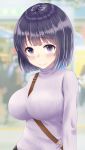  1girl bangs between_breasts black_eyes black_hair blurry blurry_background blush breasts closed_mouth commentary_request depth_of_field eyebrows_visible_through_hair highres large_breasts long_hair looking_at_viewer mimikaki_(men_bow) original ribbed_sweater short_hair shoulder_pads solo strap_cleavage sweater turtleneck turtleneck_sweater white_sweater 