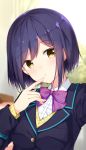  1girl black_blazer blazer blurry blurry_background blush bow bowtie breasts collared_shirt commentary_request depth_of_field finger_to_mouth fingernails hand_up head_tilt highres jacket long_sleeves looking_at_viewer medium_breasts nijisanji parted_lips purple_hair purple_neckwear self_shot shirt shizuka_rin short_hair solo sweater taiyaki_(astre) virtual_youtuber white_shirt yellow_eyes 