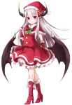  arm_at_side bow breasts copyright_request demon_horns gloves hair_bow hakuari_(hina) hand_up hat horns looking_at_viewer official_art red_bow red_eyes red_footwear red_gloves red_skirt santa_costume santa_hat skirt small_breasts standing tachi-e white_hair wings 