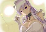  1girl apron azur_lane bangs bare_shoulders belfast_(azur_lane) braid breasts chains cleavage collar collarbone commentary_request ear_picking eyebrows_visible_through_hair french_braid frilled_apron frills from_below gloves large_breasts lights maid maid_apron maid_headdress mamoribito2017 mimikaki silver_hair violet_eyes white_apron white_gloves 