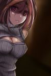  breasts cleavage highres large_breasts likemuffins looking_at_viewer original red_eyes short_hair simple_background solo sweater 