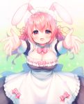  1girl :d animal_ears apron bangs black_dress blush bow bowtie breasts cleavage commentary_request dress eyebrows_visible_through_hair frilled_apron frills hair_between_eyes hair_ribbon large_breasts long_sleeves maid maid_headdress open_mouth original outstretched_arms petals pink_hair pink_neckwear pink_ribbon rabbit_ears reaching_out red_eyes ribbon sidelocks smile solo usashiro_mani white_apron 