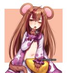 1girl animal_ears artist_name bloomers blue_eyes brown_hair commentary dormouse_(monster_girl_encyclopedia) eyebrows_visible_through_hair flat_chest hair_between_eyes hair_ornament hairclip long_hair long_sleeves monster_girl_encyclopedia mouse_ears mouse_tail multicolored_hair navel one_eye_closed open_clothes open_mouth pink_hair puffy_sleeves solo streaked_hair tail teru_(renkyu) twitter_username two-tone_hair underwear very_long_hair yawning