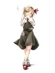  1girl black_skirt black_vest blonde_hair covering_mouth full_body gorilla_(bun0615) hair_ribbon highres mary_janes red_eyes red_footwear ribbon rumia shirt shoes short_hair simple_background skirt touhou vest white_background white_shirt 