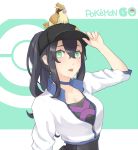  1girl adjusting_clothes adjusting_hat animal animal_on_head bangs baseball_cap bird bird_on_head black_hair black_hat blue_choker blush breasts choker cleavage collarbone copyright_name cropped_jacket eyebrows eyelashes female_protagonist_(pokemon_go) gen_1_pokemon green_eyes hair_between_eyes hat high_ponytail jacket large_breasts long_hair long_sleeves on_head open_clothes open_jacket open_mouth palms pidgey pokemon pokemon_(creature) pokemon_(game) pokemon_go ponytail popped_collar raised_eyebrow sidelocks solo sweat teeth ueno_(sakumogu-029) unzipped upper_body white_jacket zipper_pull_tab 