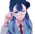  1girl ;) blue-framed_eyewear blue_eyes blue_hair closed_mouth glasses hair_bun hugtto!_precure l&#039;avenir_academy_uniform long_hair looking_at_viewer negom one_eye_closed precure school_uniform simple_background smile solo upper_body white_background yakushiji_saaya 