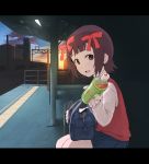  1girl :d amami_haruka bag bangs blue_skirt blue_sky bottle brown_hair building clouds eyebrows from_side green_eyes hair_ribbon handbag highres holding holding_bottle idolmaster idolmaster_(classic) letterboxed long_sleeves looking_at_viewer miniskirt mirror open_mouth outdoors pleated_skirt power_lines red_ribbon red_vest ribbon samidare shirt short_hair sitting skirt sky smile solo train_station twilight unzipped vest white_shirt zipper zipper_pull_tab 