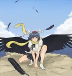  1girl bangs bare_arms bird_wings black_hair black_ribbon black_skirt black_wings blue_sky closed_mouth clouds day eyebrows feathered_wings feathers frown hat miniskirt outdoors pleated_skirt pom_pom_(clothes) red_eyes red_hat ribbon scarf shameimaru_aya shirt short_hair short_sleeves skirt sky solo squatting tokin_hat touhou ueno_(sakumogu-029) v_arms white_shirt wings yellow_scarf 