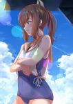  1girl bangs bare_shoulders blue_sky blue_swimsuit blush breasts brown_eyes brown_hair clouds collarbone covered_navel hair_ornament highres i-401_(kantai_collection) ichi_machi kantai_collection long_hair looking_afar one-piece_swimsuit open_mouth outdoors parted_lips ponytail sailor_collar school_swimsuit school_uniform serafuku short_hair short_ponytail sidelocks sky solo swimsuit swimsuit_under_clothes tan thighs undressing 