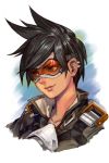  1girl bomber_jacket brown_hair brown_jacket closed_mouth ear_piercing face goggles green_eyes hankuri harness jacket leather overwatch piercing pink_lips short_hair simple_background smile solo spiky_hair tracer_(overwatch) upper_body 