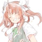  1girl bangs brown_hair closed_eyes collared_shirt green_ribbon grin hair_over_shoulder highres kagerou_(kantai_collection) kantai_collection long_hair neck_ribbon parted_bangs ribbon school_uniform shirt sidelocks simple_background smile solo takeshima_(nia) teeth twintails upper_body vest white_background white_ribbon white_shirt 