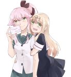  2girls :d arm_hug black_ribbon black_serafuku black_skirt blonde_hair breasts buttons closed_mouth cowboy_shot eyebrows_visible_through_hair fang fingernails green_eyes green_sailor_collar green_skirt hair_between_eyes hair_flaps hair_ribbon hand_on_another&#039;s_hip kantai_collection kuromaru_mn long_hair multiple_girls open_mouth pink_hair pleated_skirt ponytail ribbon sailor_collar school_uniform serafuku short_sleeves sidelocks simple_background skirt smile white_background white_serafuku yura_(kantai_collection) yuudachi_(kantai_collection) 